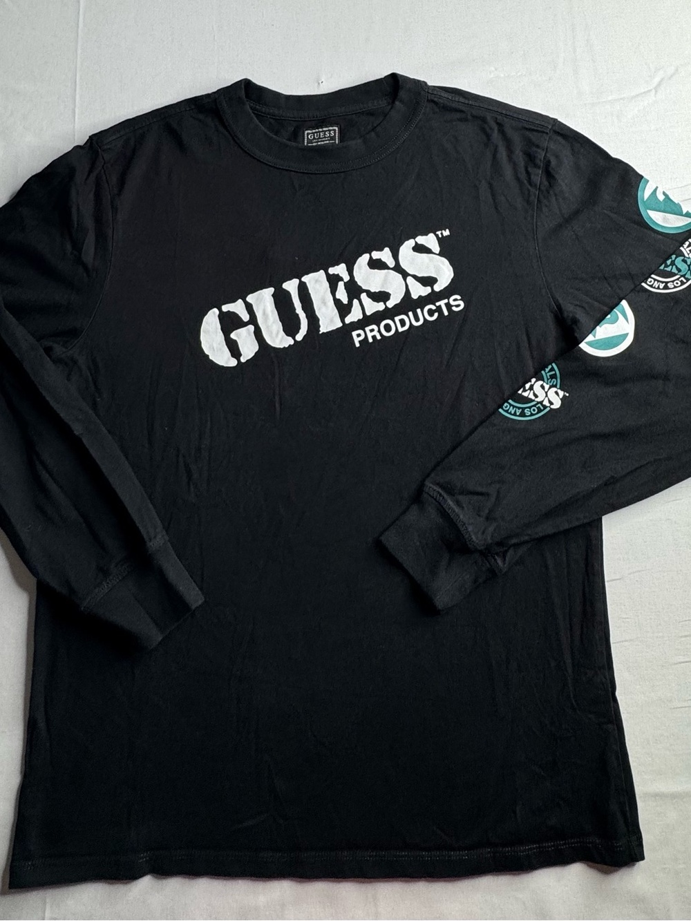 GUESS Black Long-Sleeve Logo Tee with Teal Sleeve Graphics